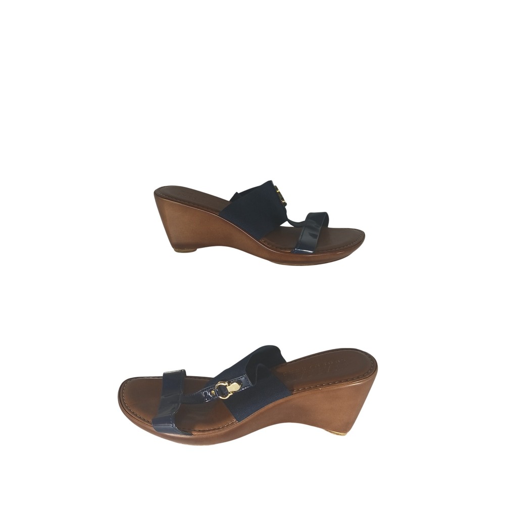 Italian Shoemakers Wedge Sandals 7M Navy Blue Gold Hardware Made in Italy